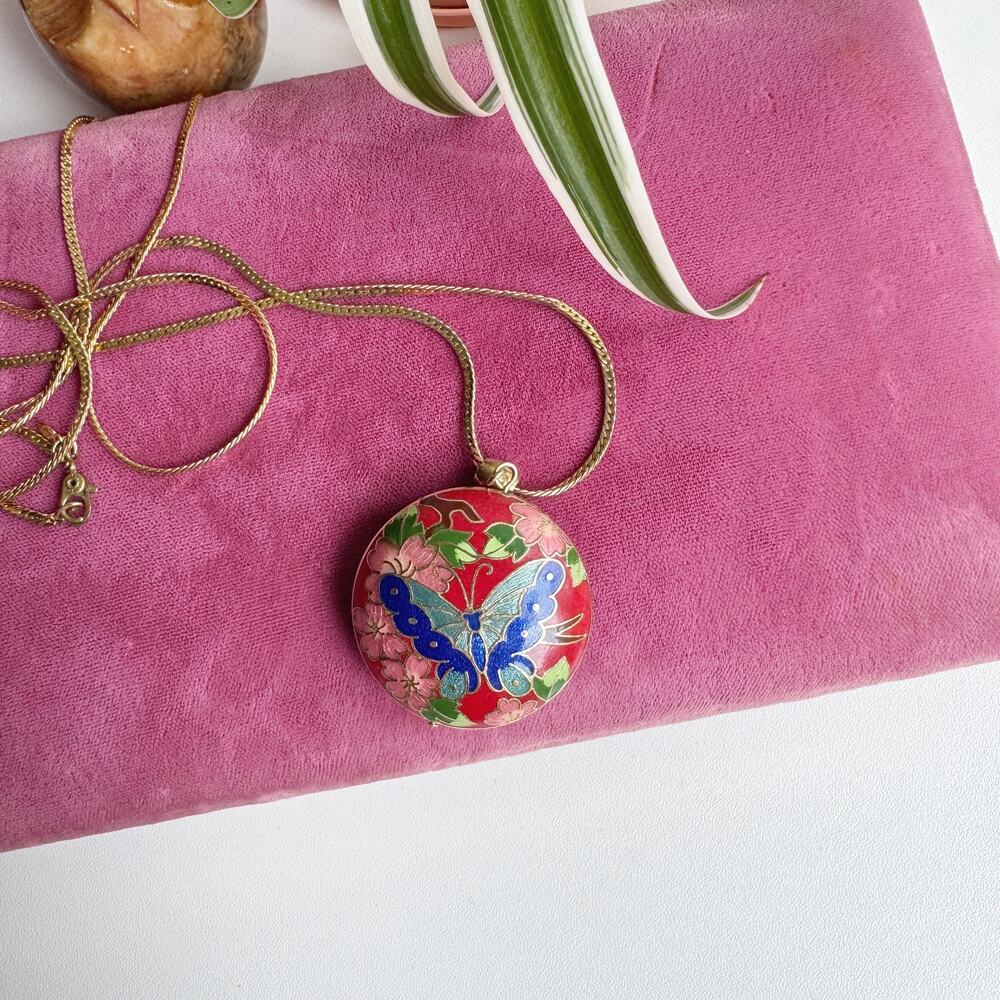 Vintage Monet Cloisonne Butterfly Puffed Pendant Necklace